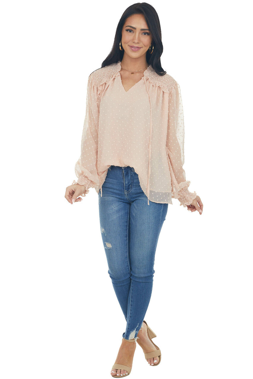 Peach Swiss Dot Smocked Peasant Style Blouse