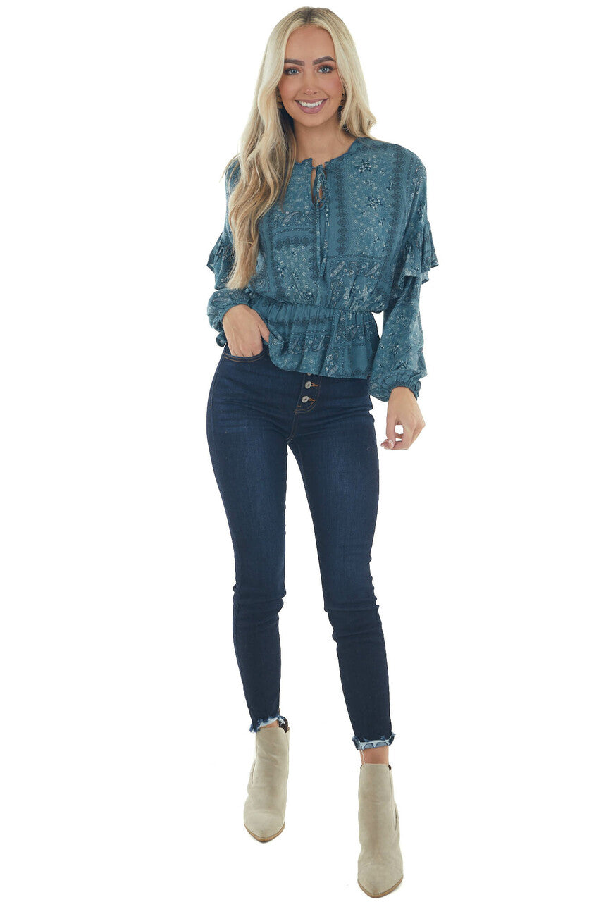 Sea Blue Printed Long Sleeve Peplum Fit Blouse