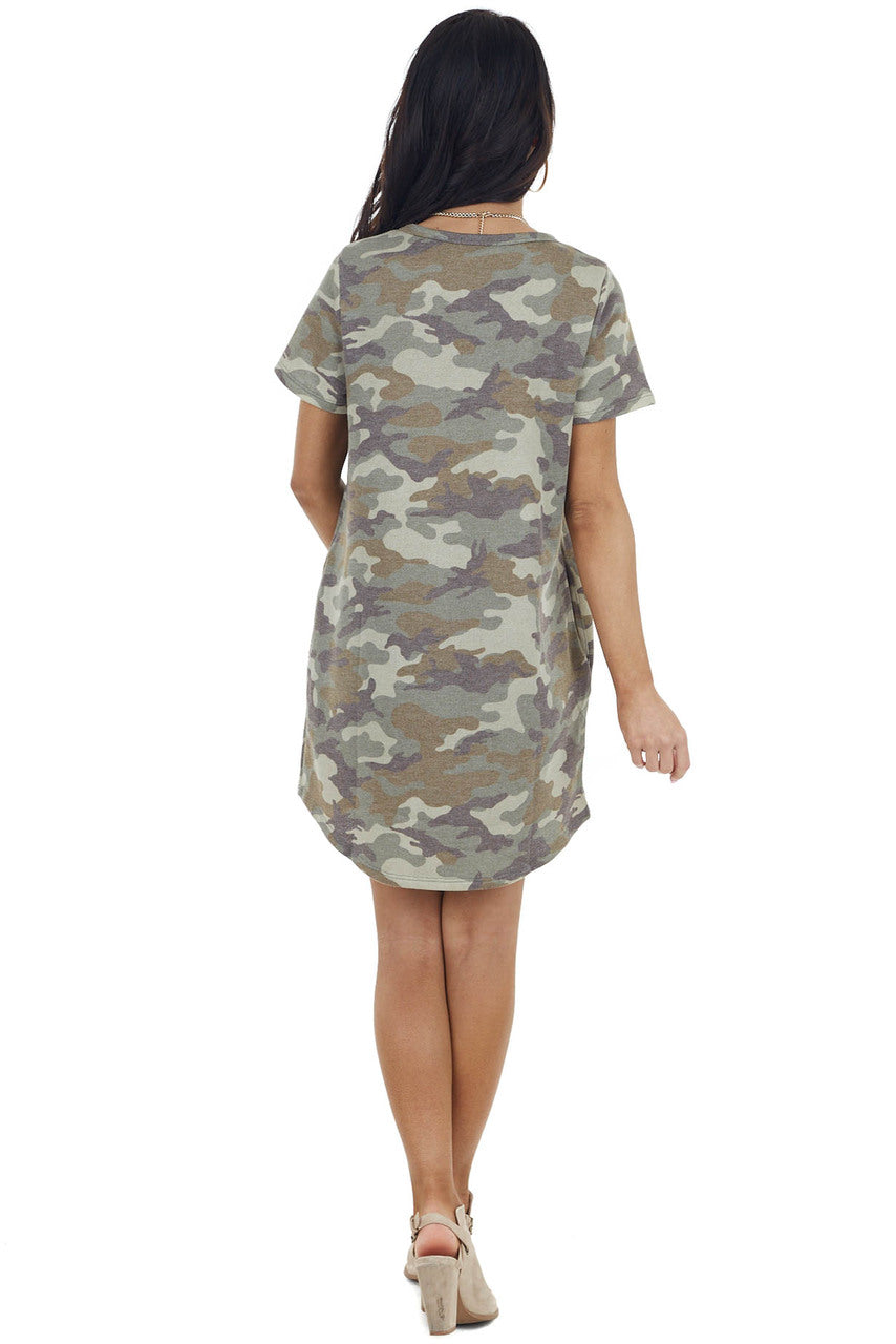 Army Green Camo Print Short Sleeve V Neck Knit Mini Dress
