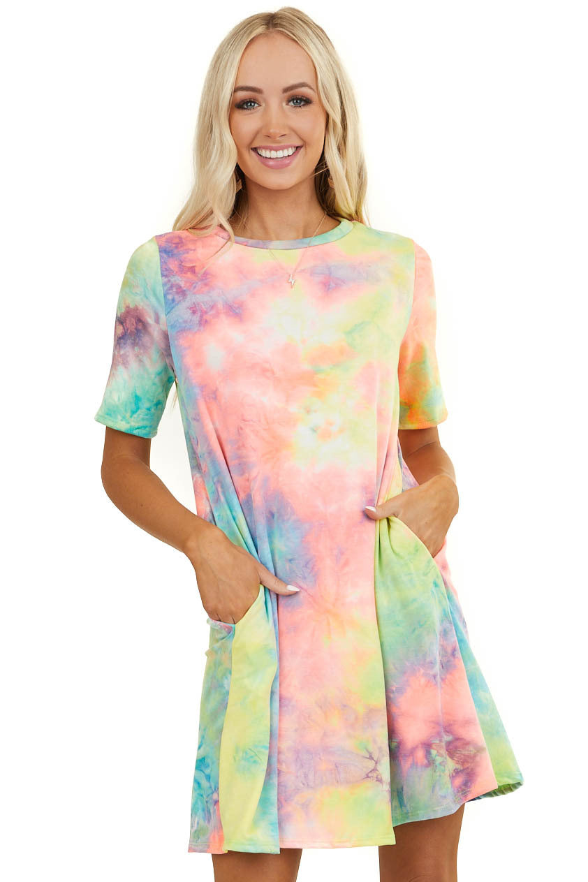 Multicolor Tie Dye Short Sleeve Dress with Side Pockets 