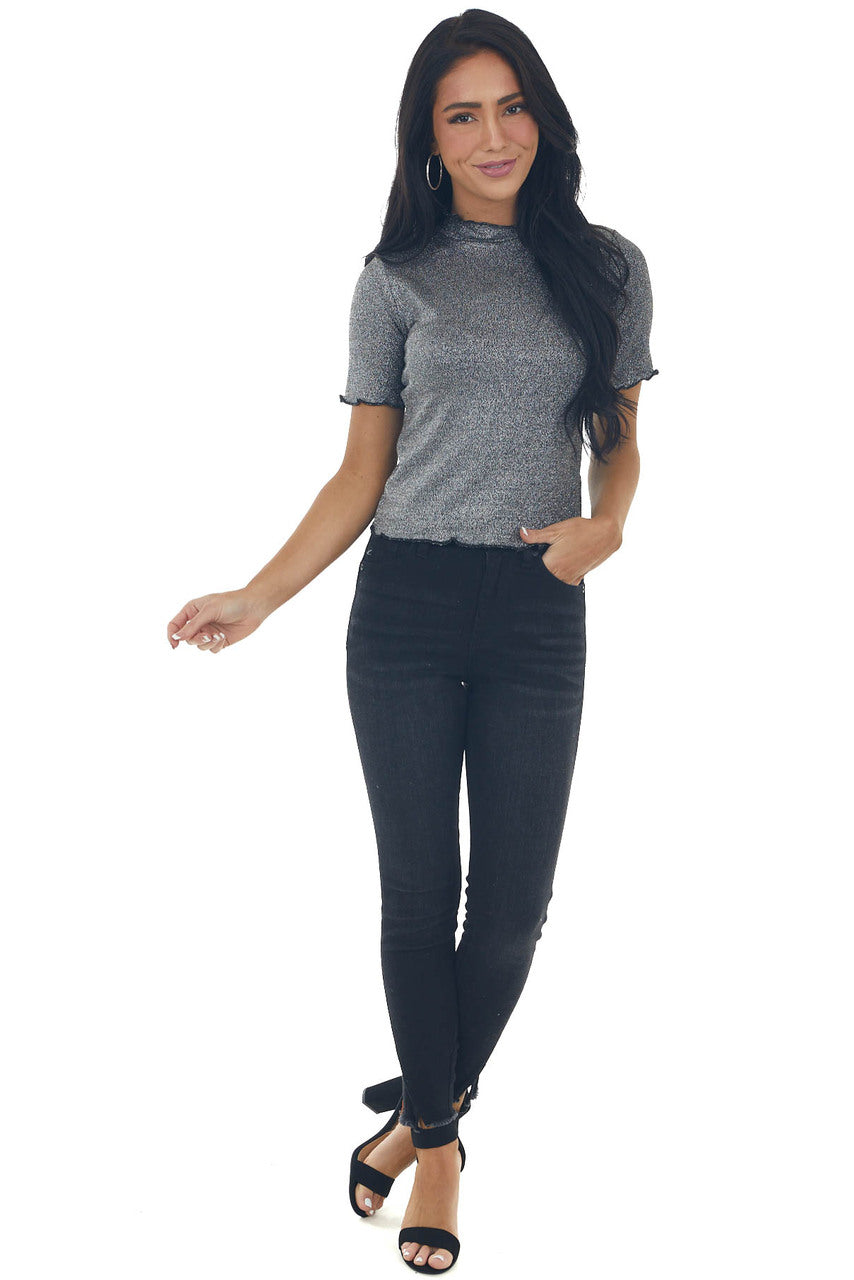 Silver Metallic Thread Lettuce Trim Fitted Top