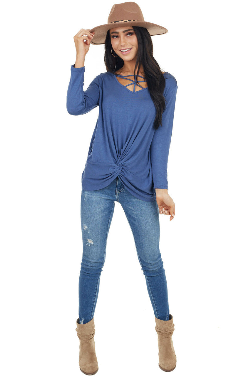 Dusty Blue 3/4 Sleeve Top with Caged Neckline Detail