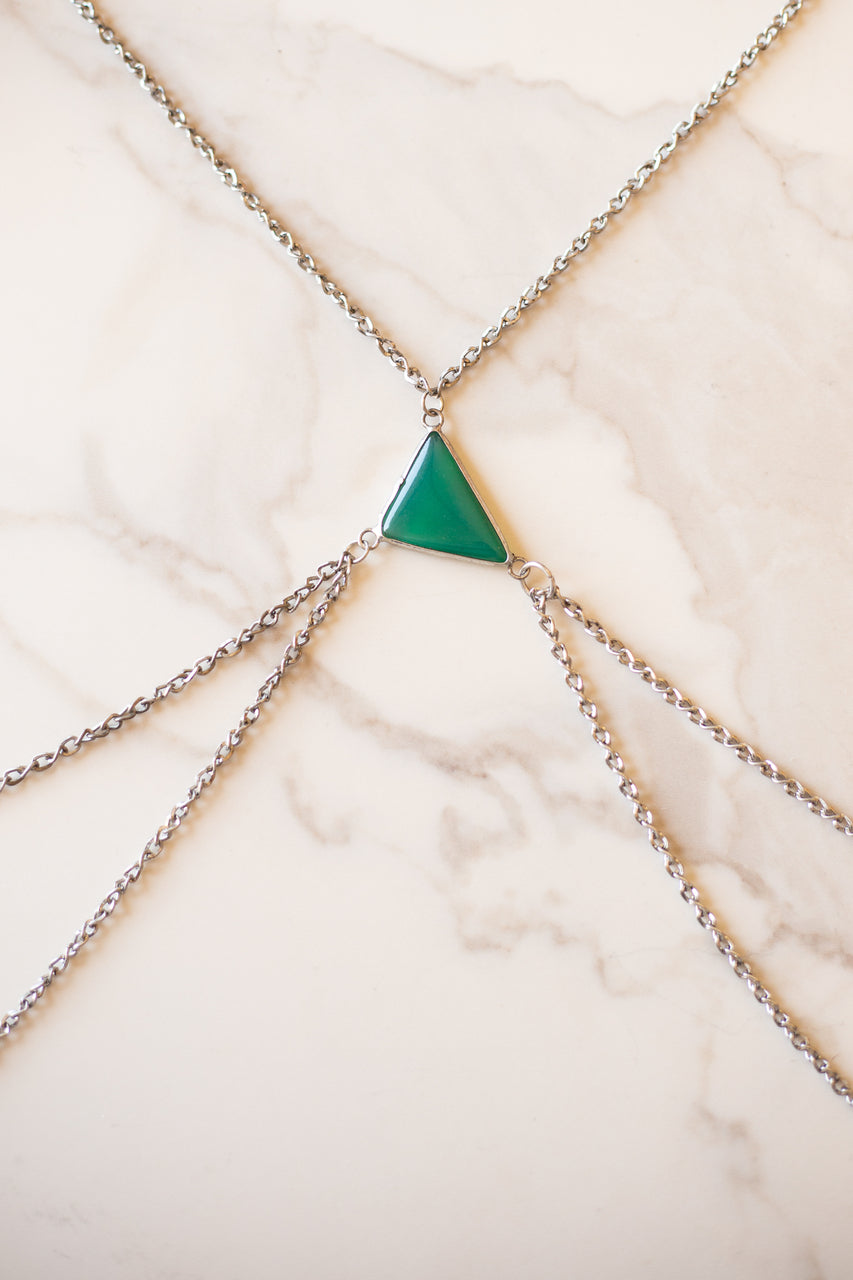 Antique Silver Body Chain with Triangle Moss Green Pendant 