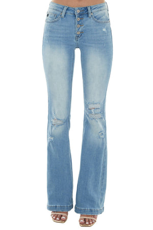 Medium Light Wash High Rise Flare Jeans with Destroyed Knees