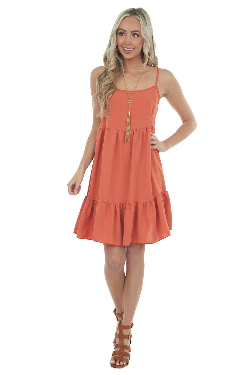 Rust Sleeveless Short Tiered Woven Dress
