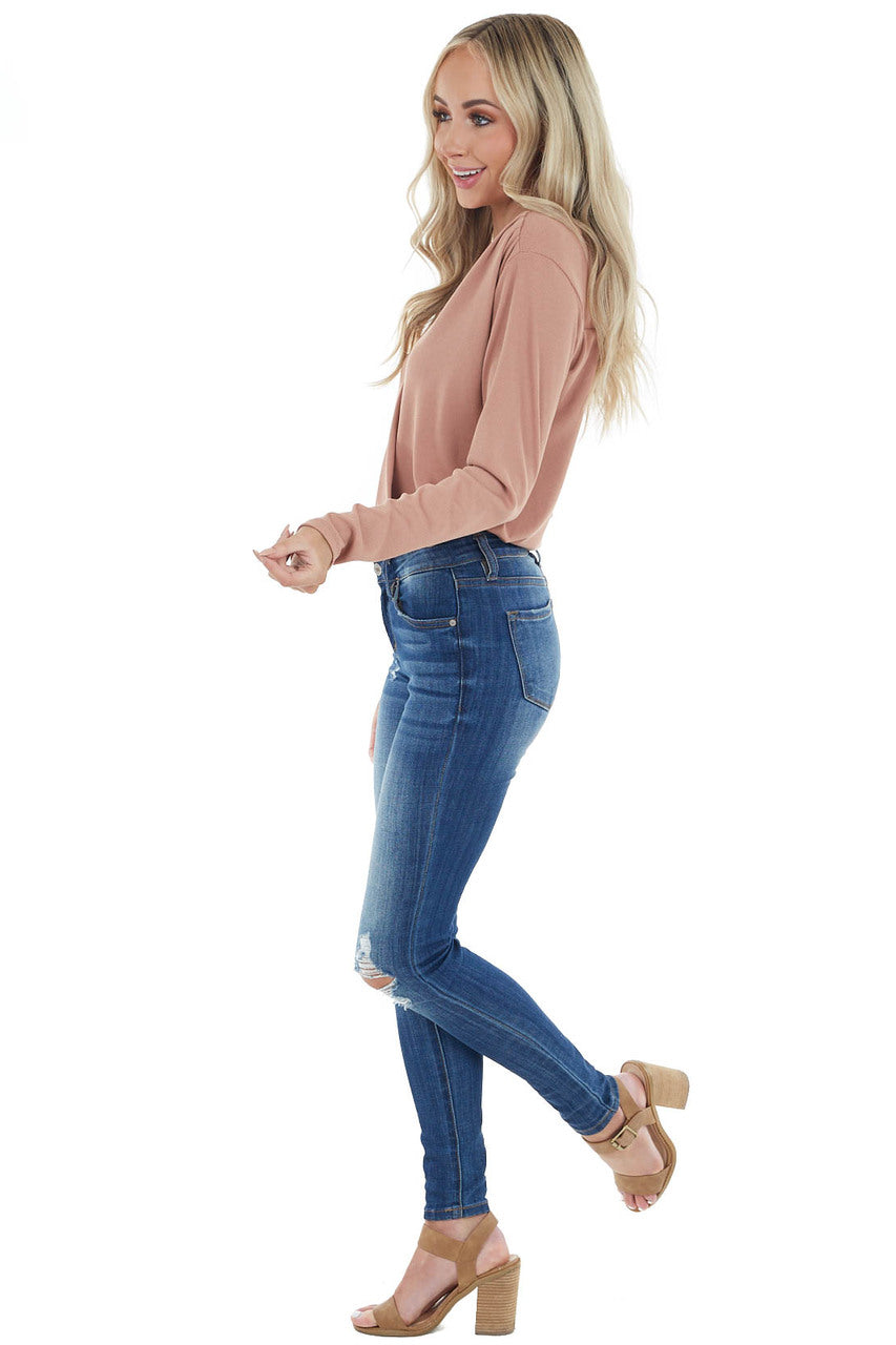 Dusty Peach Ribbed Knit Surplice Bodysuit with Long Sleeves