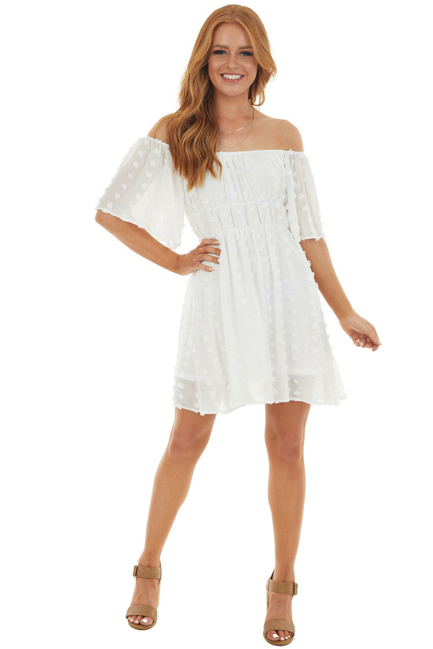 Pearl Off Shoulder Swiss Dot Woven Short Dress