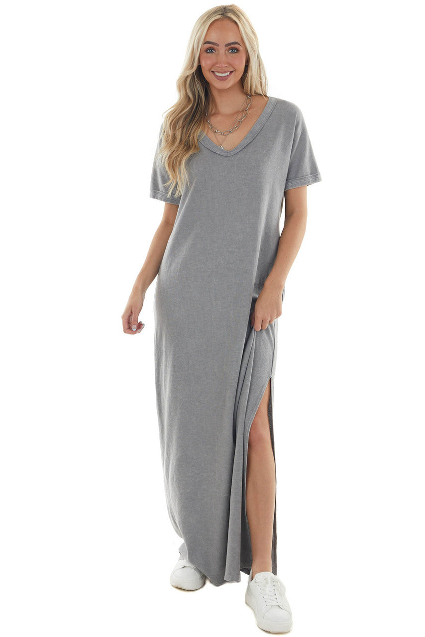 Steel Short Sleeve V Neck Maxi Tee Shirt Dress 