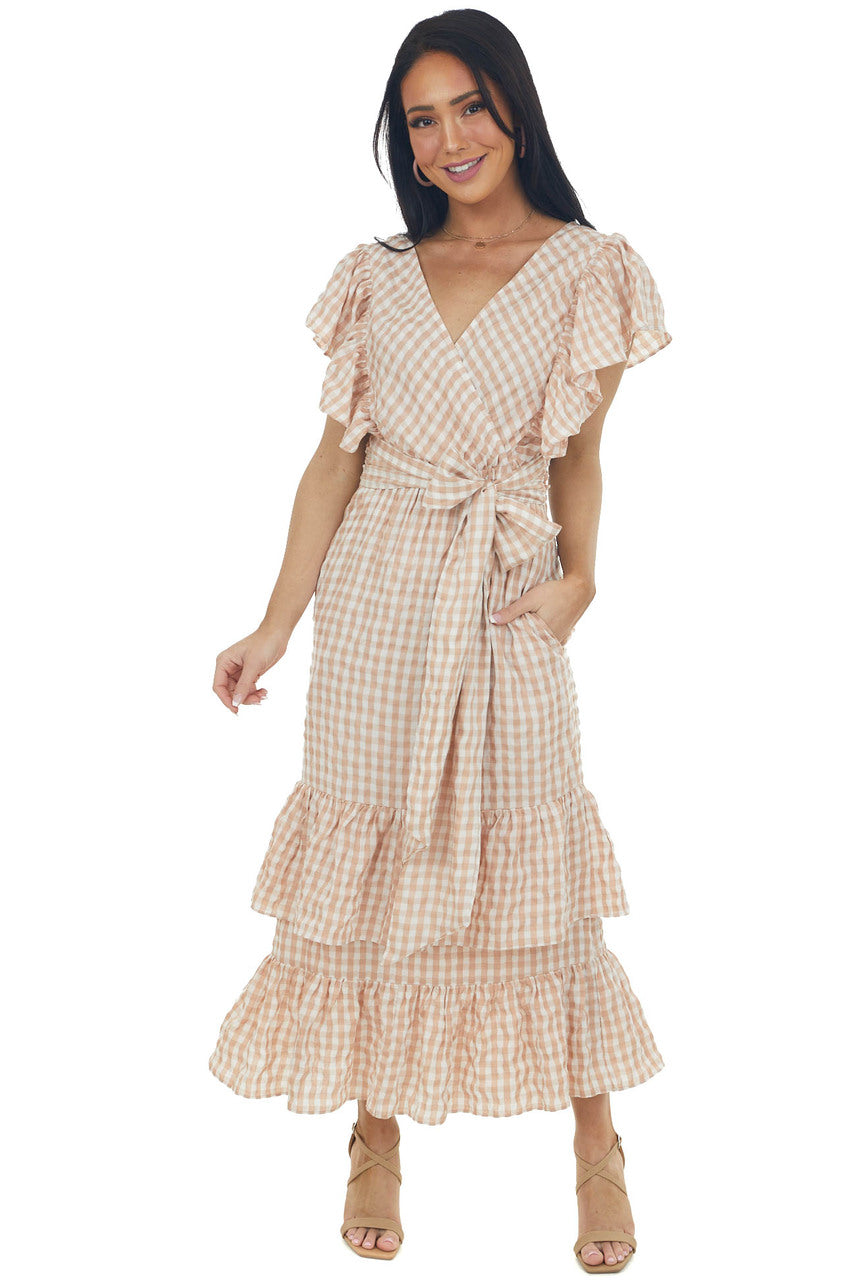 Rose Taupe Gingham Ruffle Tiered Maxi Dress