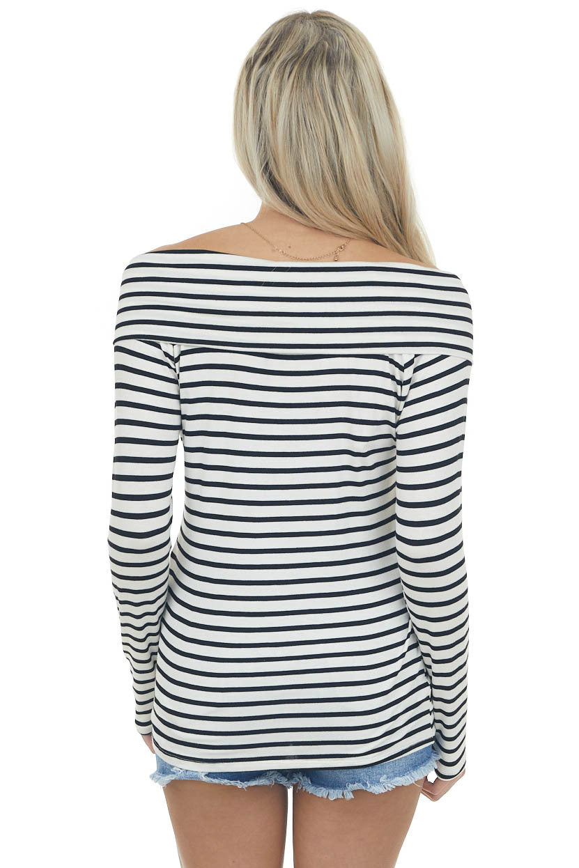 Black and Ivory Striped Crossed Front Knit Top