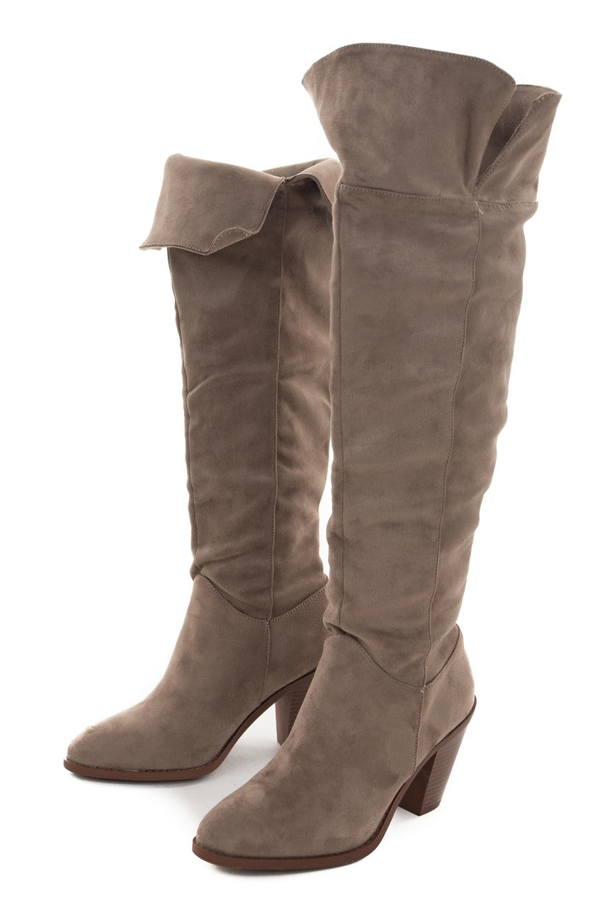 Oatmeal Faux Suede Folded Slouchy Heeled Boots 
