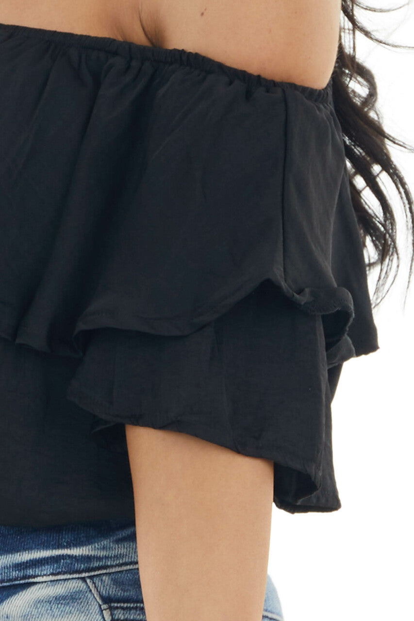 Black Off the Shoulder Short Sleeve Overlaying Crop Top 