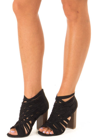 Black Faux Suede Strappy Sandal with Chunky Heel front side view