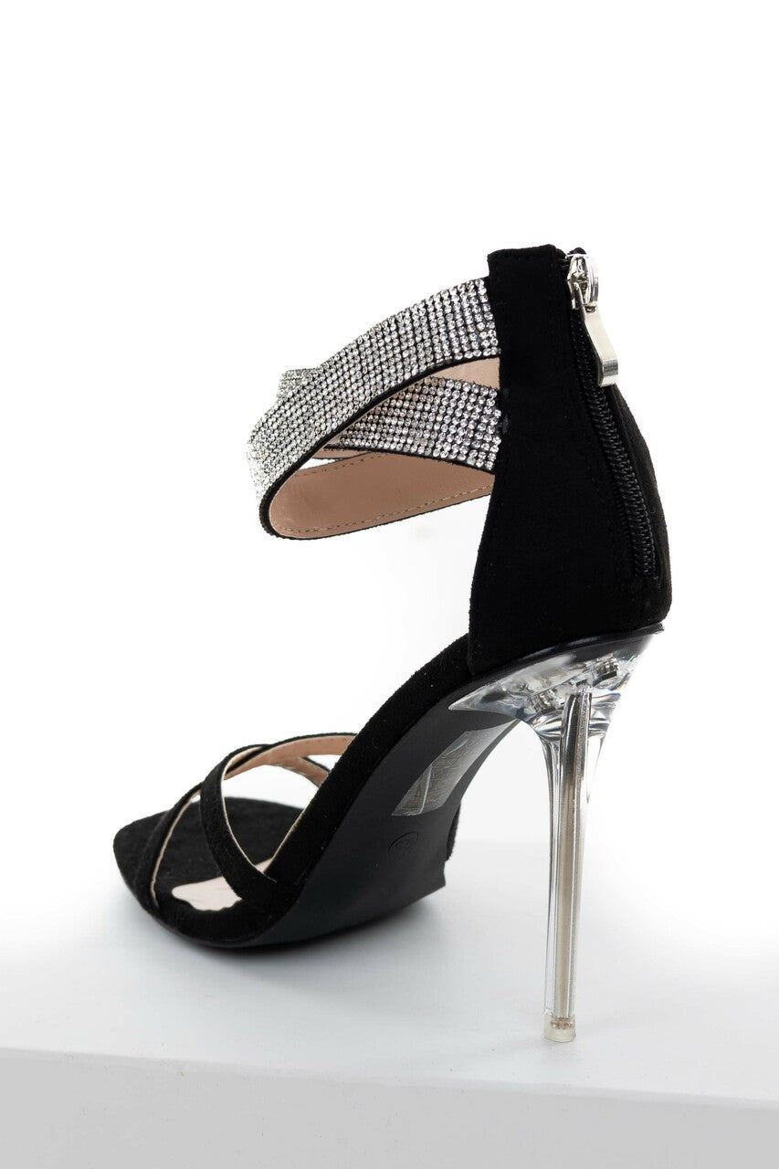 Black Suede and Rhinestone Strappy High Heels
