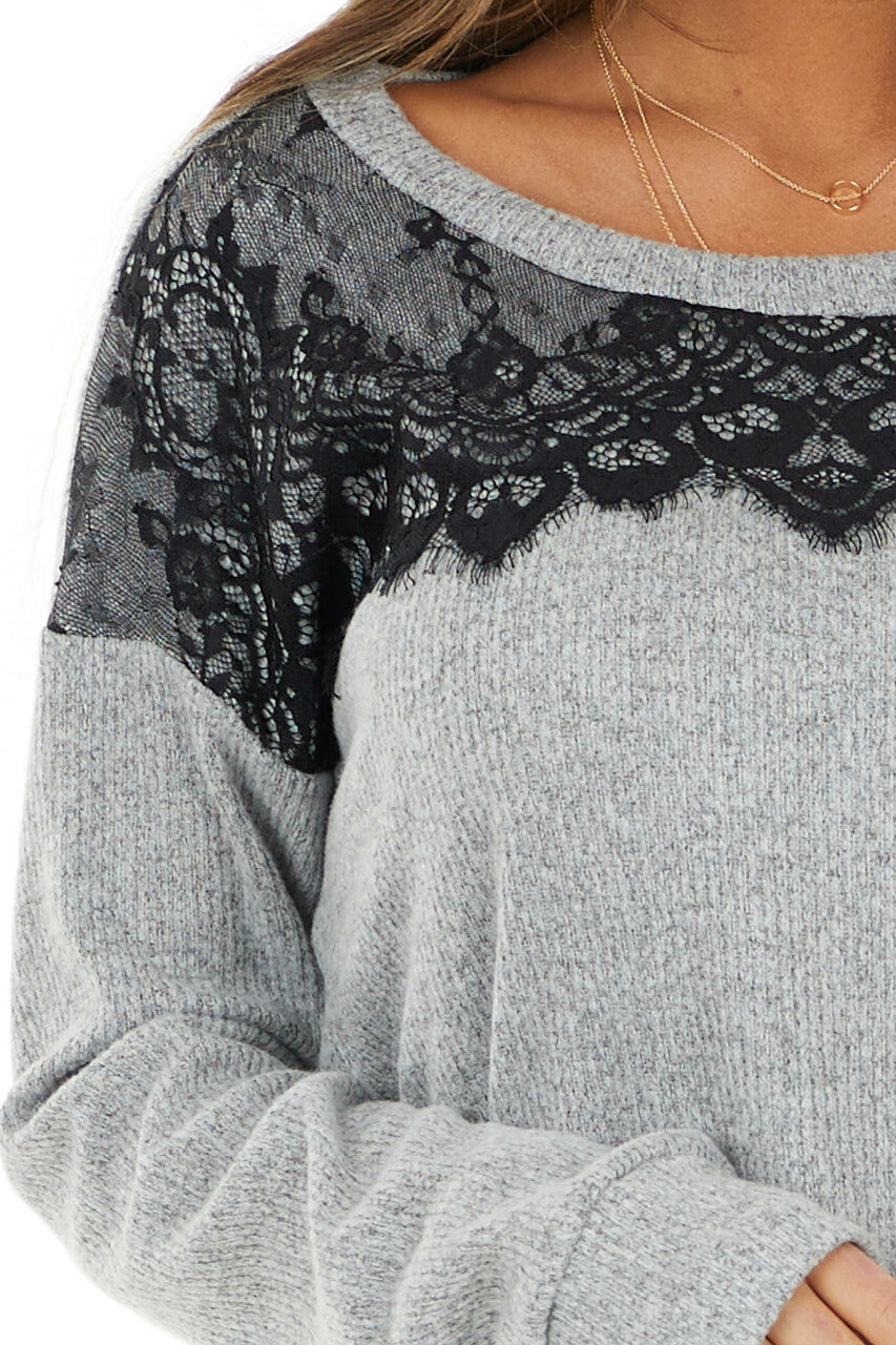 Heathered Grey Long Sleeve Knit Top with Black Lace Details