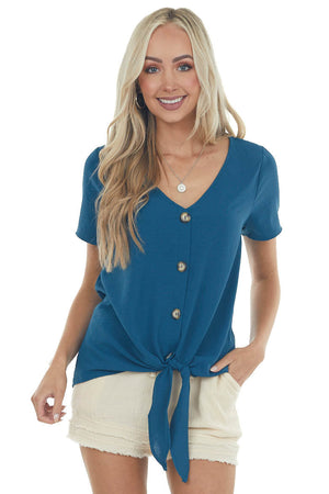 Sea Blue Short Sleeve Button Up Top with Front Tie Detail