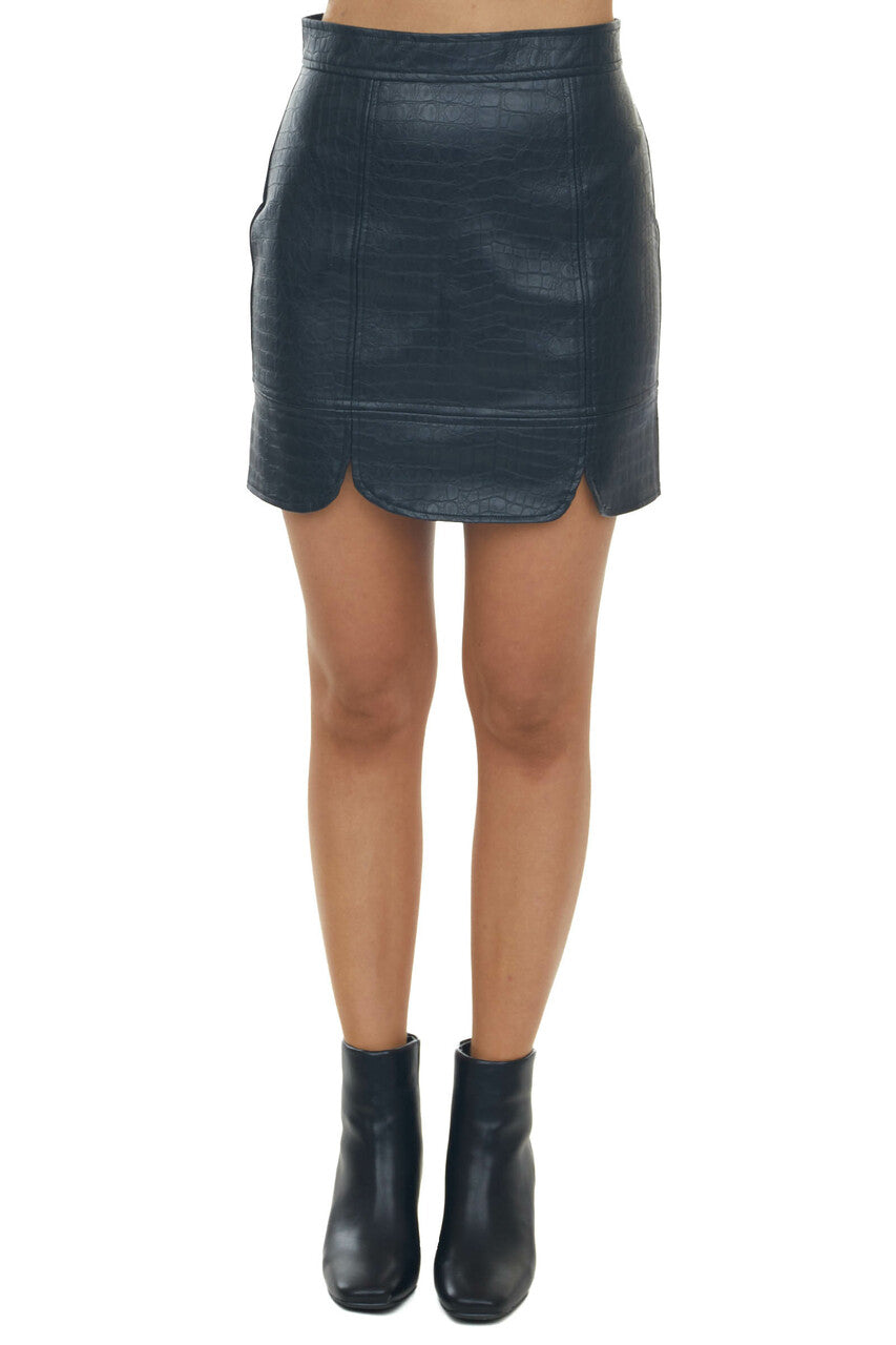 Black Faux Leather Mini Skirt with Scallop Hem