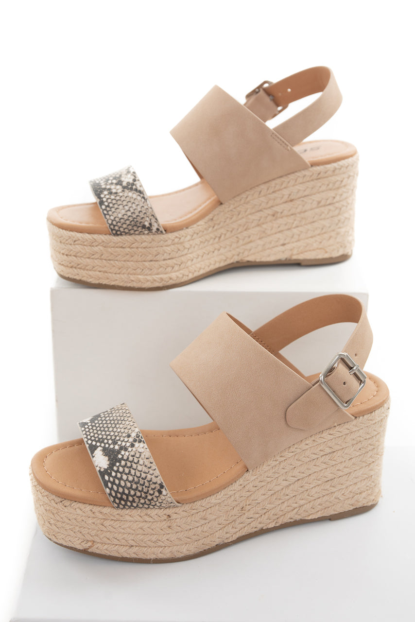 Beige and Snakeskin Print Espadrille Wedge Sandal