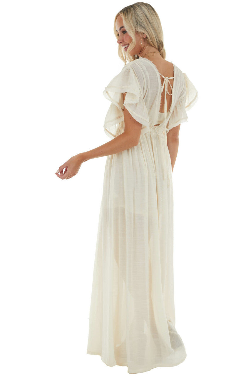 Cream Button Front Plunging V Neck Maxi Dress