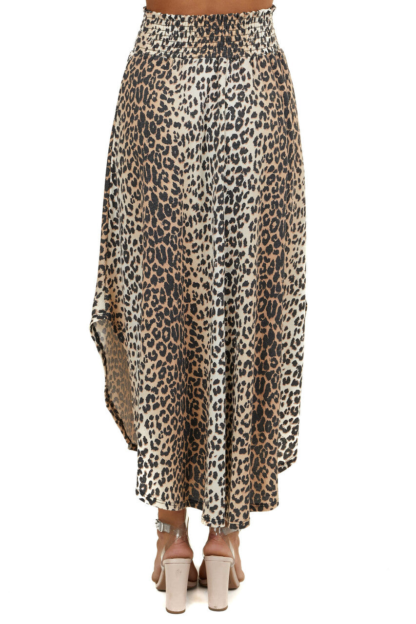 Beige Leopard Print Waffle Knit Maxi Skirt with Side Slits
