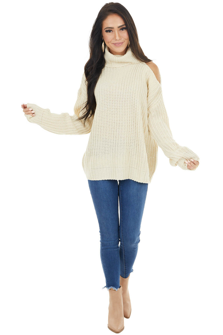 Cream Long Sleeve Knit Sweater with Cold Shoulder