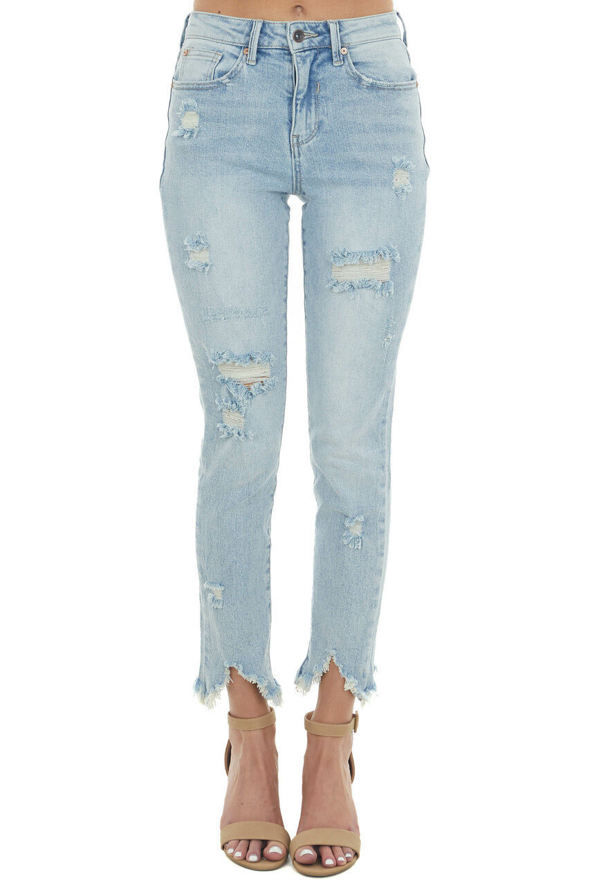 Medium Denim High Rise Distressed Frayed Jeans