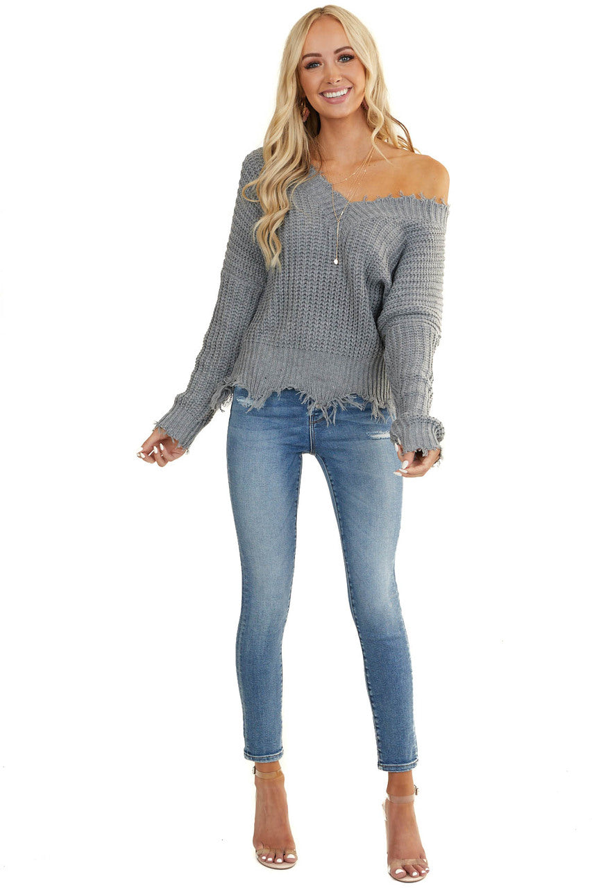Stone Grey V Neck Sweater with Distressed Detail 