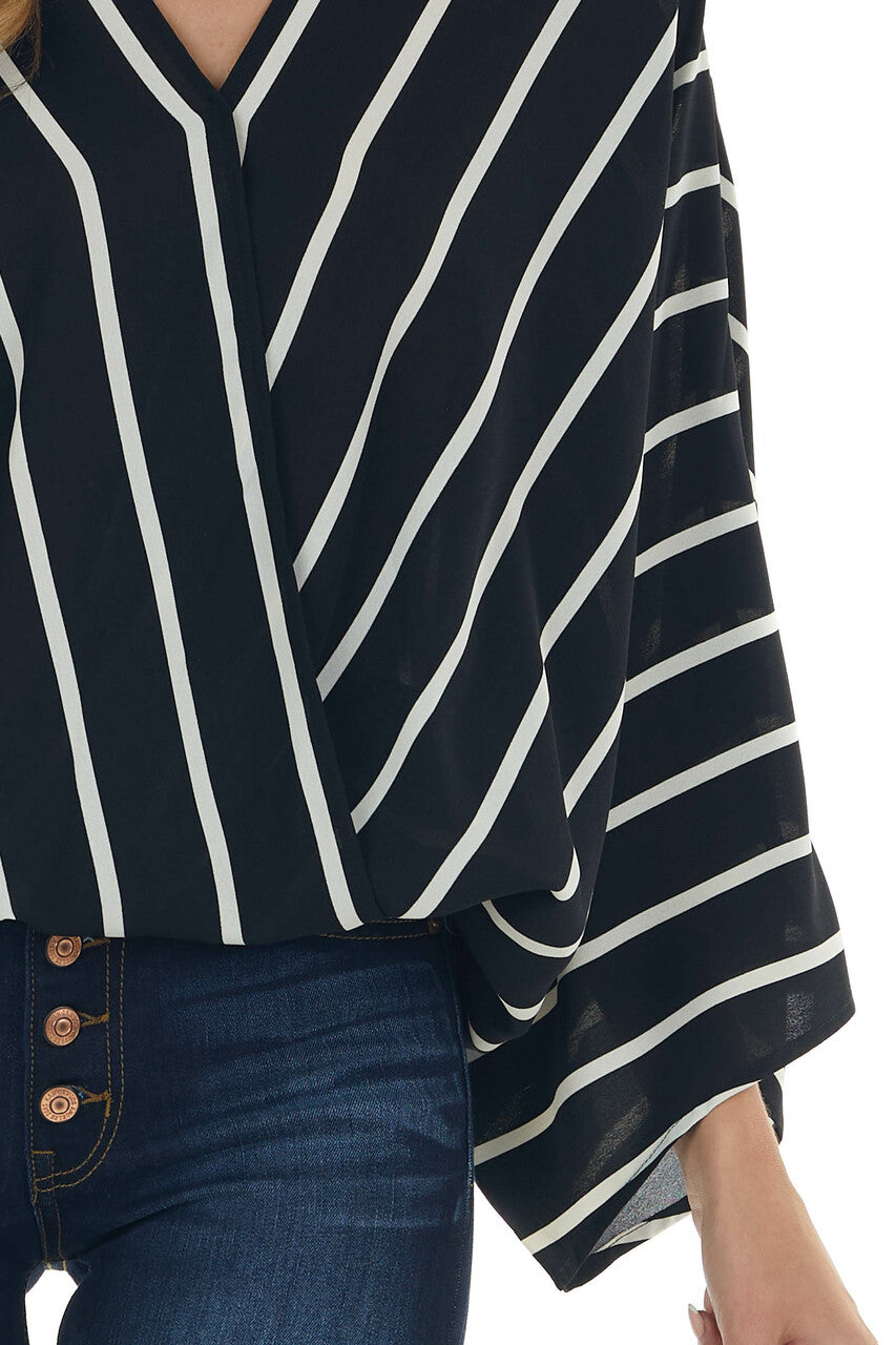 Black and Ivory Striped Surplice Neck Blouse