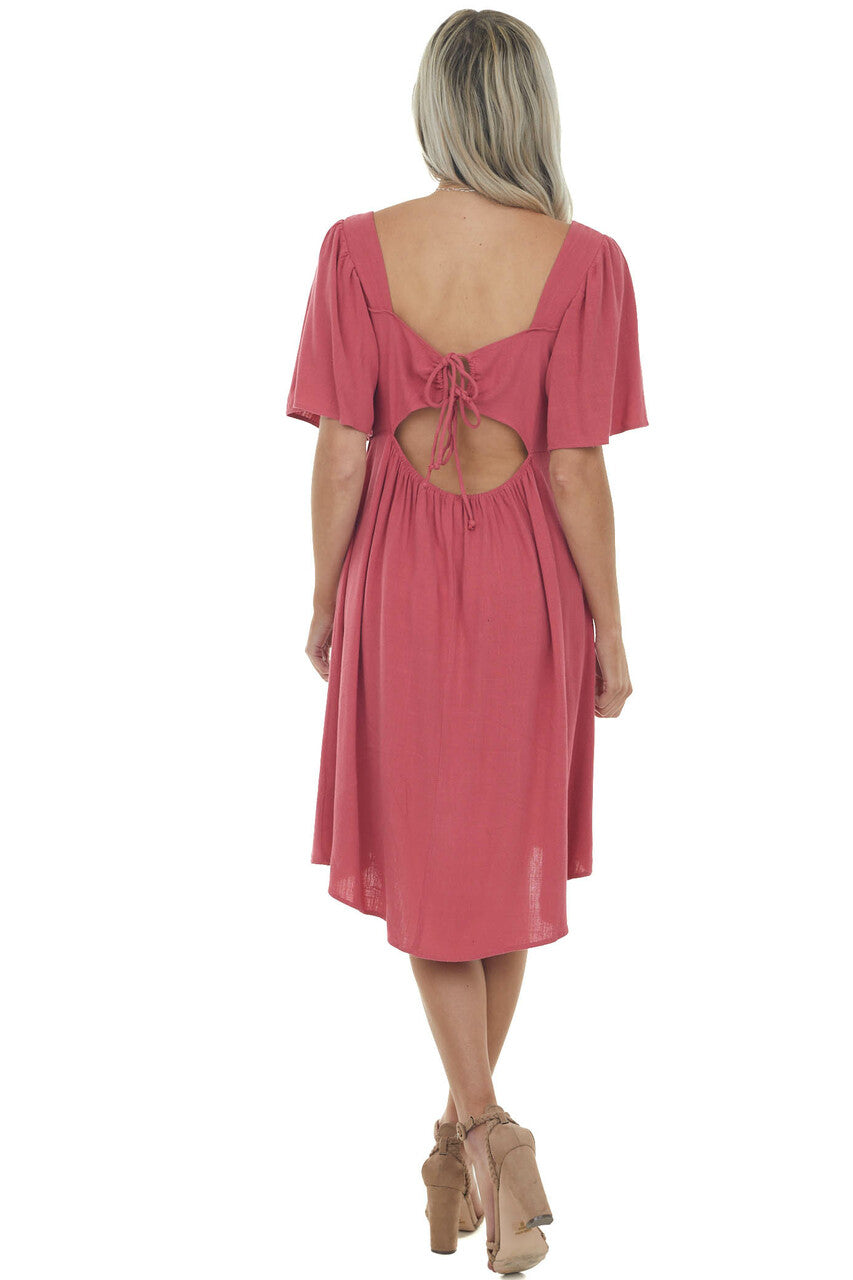 Punch Smocked Flutter Sleeve Linen Dress 
