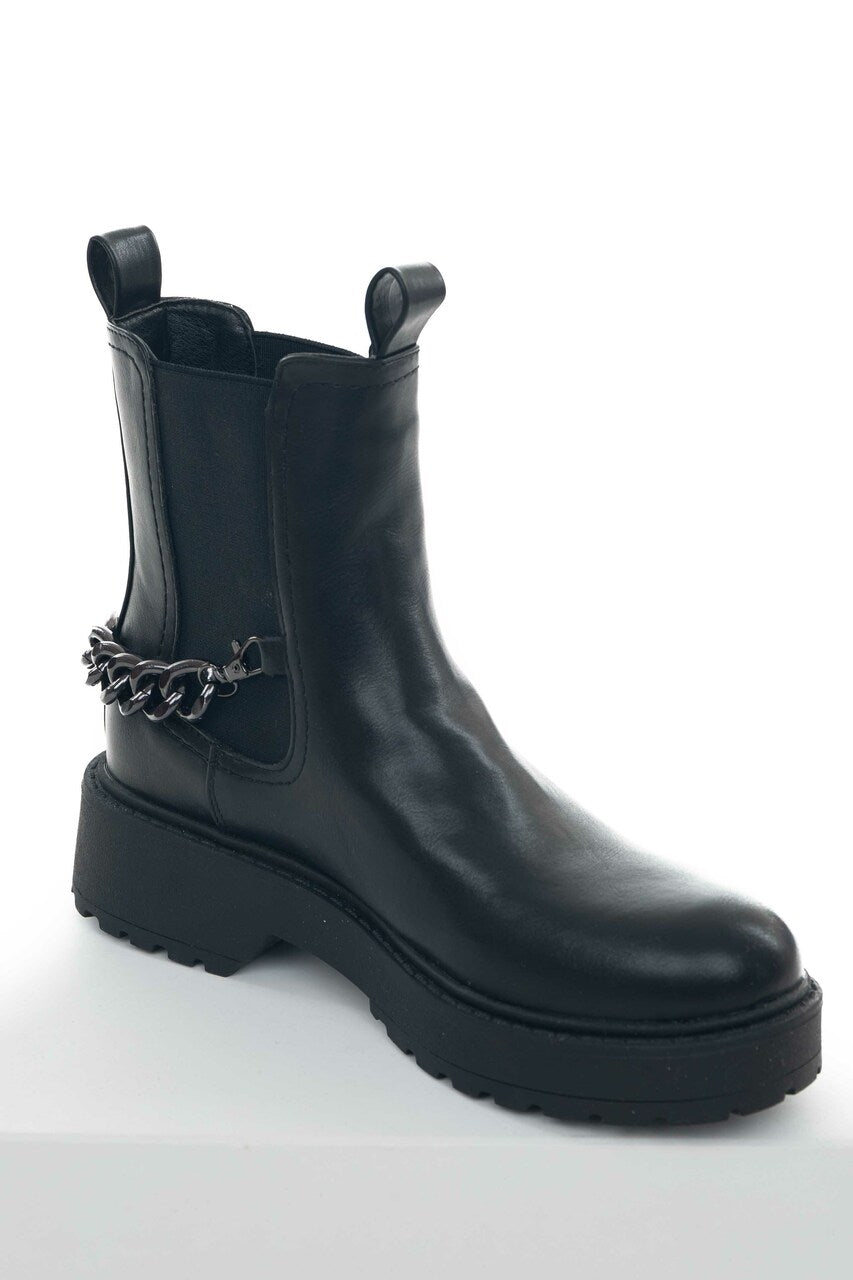 Black Faux Leather Lug Boots with Chain Detail