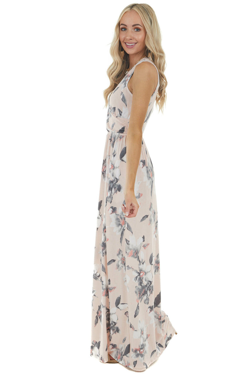 Blush Floral Sleeveless Surplice Maxi Dress with Pockets