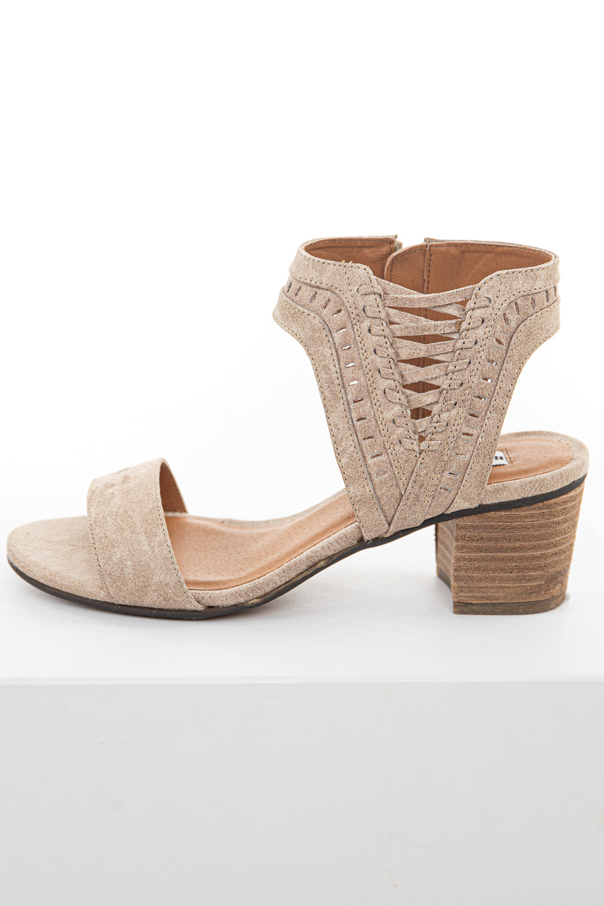 Beige Textured Block Heel Sandals with Lace Up Detail