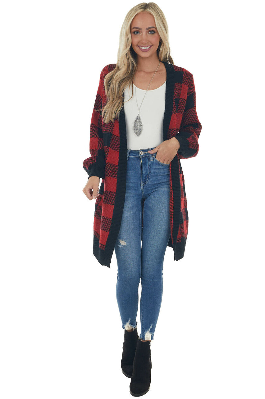 Pomegranate Buffalo Plaid Puff Sleeve Cardigan