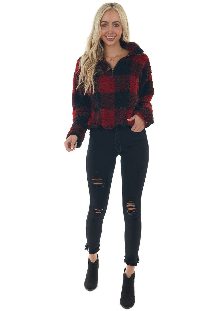 Cranberry Buffalo Plaid Sherpa Pullover Jacket