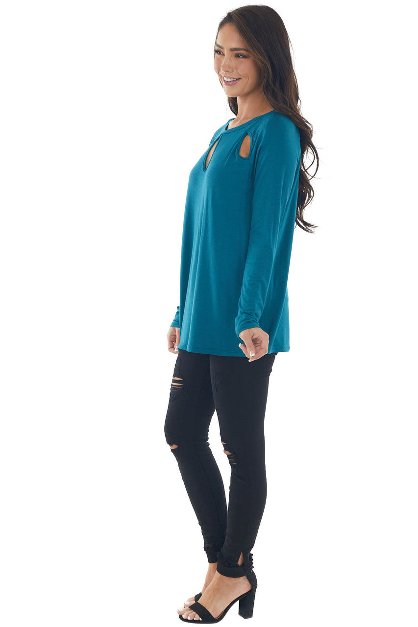 Deep Teal Long Sleeve Triple Chest Keyhole Top 