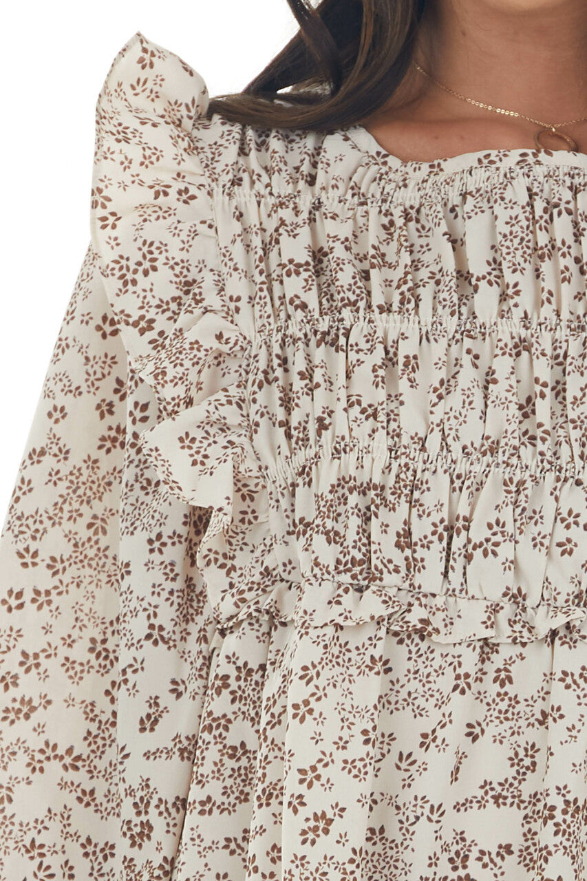 Oatmeal and Sepia Ditsy Floral Print Blouse