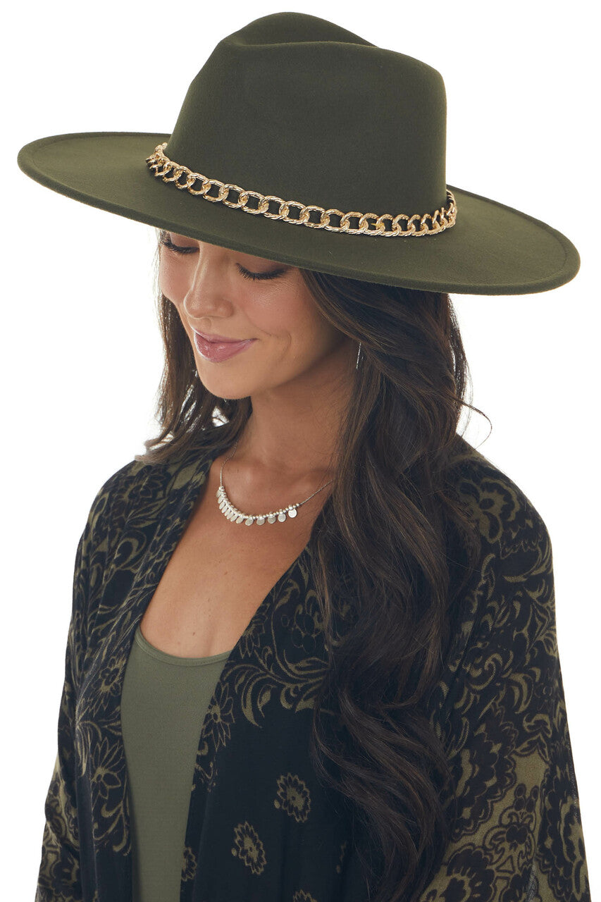 Army Green Wide Brim Felt Hat with Gold Chain