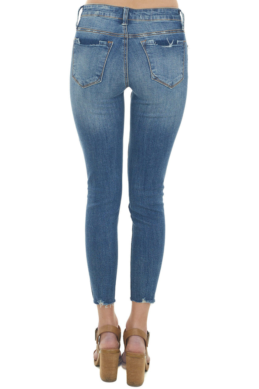 Dark Wash Mid Rise Raw Hem Distressed Jeans