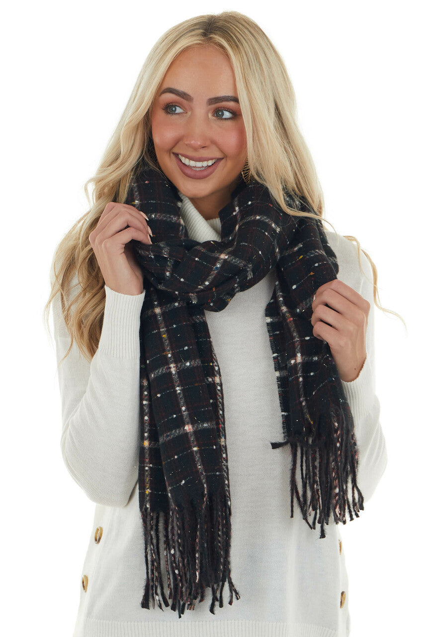 Black Plaid and Confetti Knit Scarf