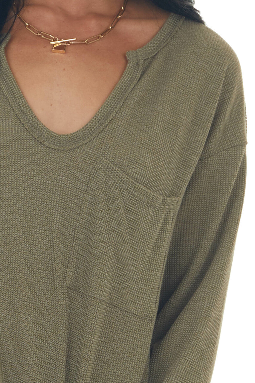 Olive Notch Neck Chest Pocket Thermal Top
