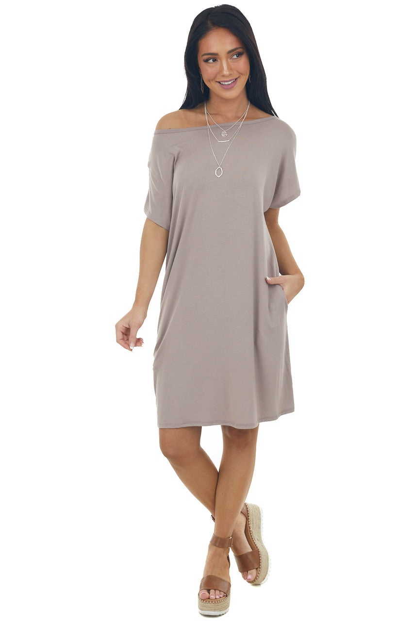Mocha Knit Mini Tee Shirt Dress with Pockets