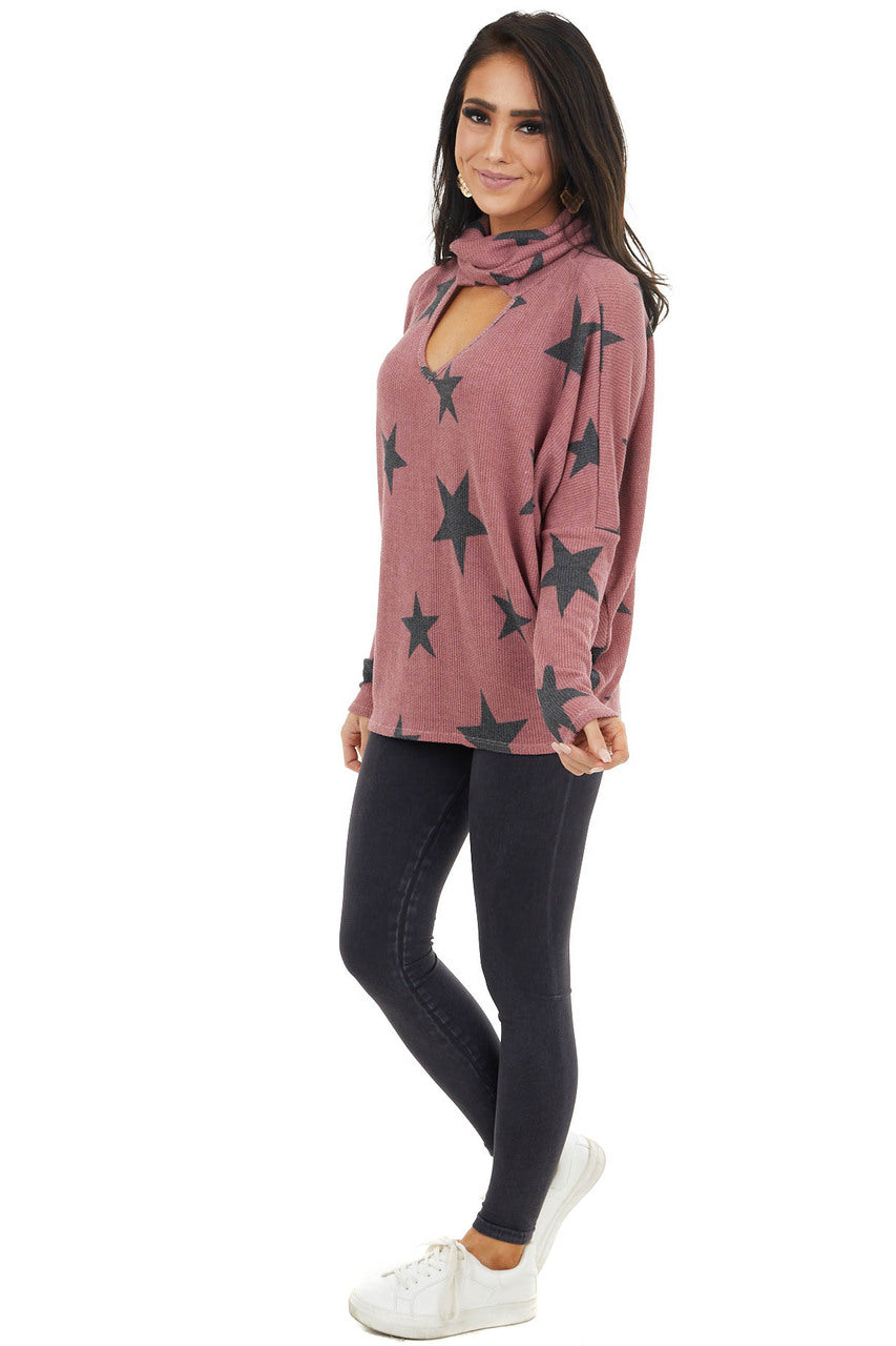 Light Wine Star Print Top with Cowl Neck and V Cutout Detail 