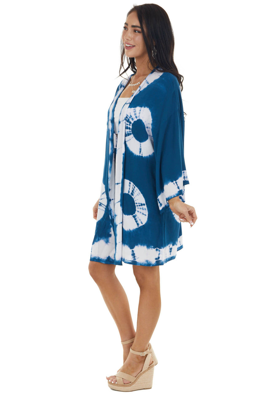 Sea Blue and Ivory Circle Tie Dye Woven Kimono 