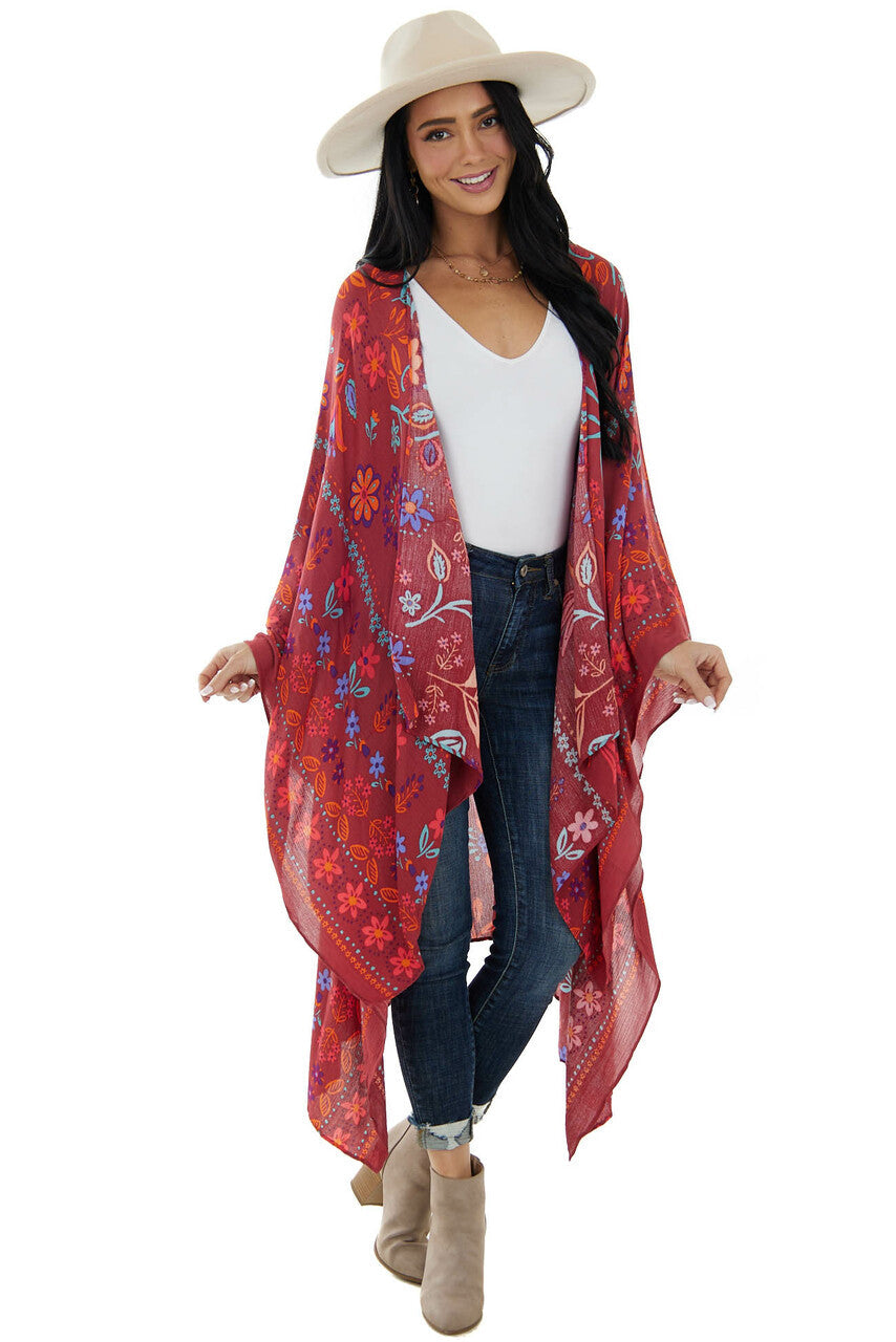 Marsala and Fire Colorful Floral Print Kimono