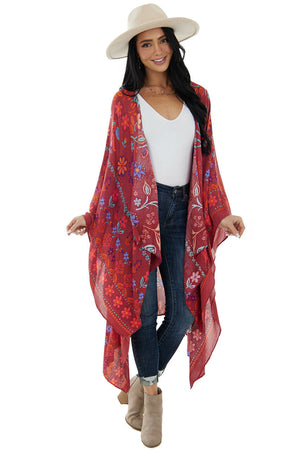 Marsala and Fire Colorful Floral Print Kimono