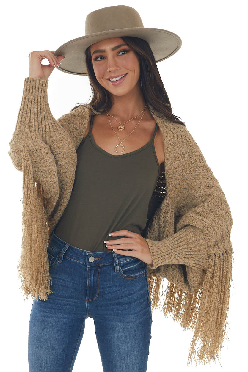 Latte Cable Knit Fringe Hem Shrug Cardigan