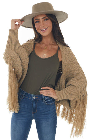 Latte Cable Knit Fringe Hem Shrug Cardigan