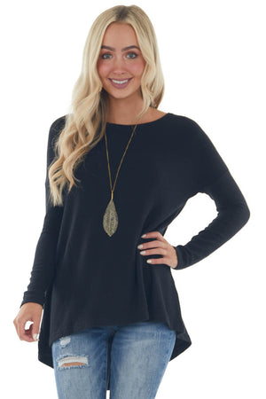 Black Brushed Knit Top with High Low Hemline 