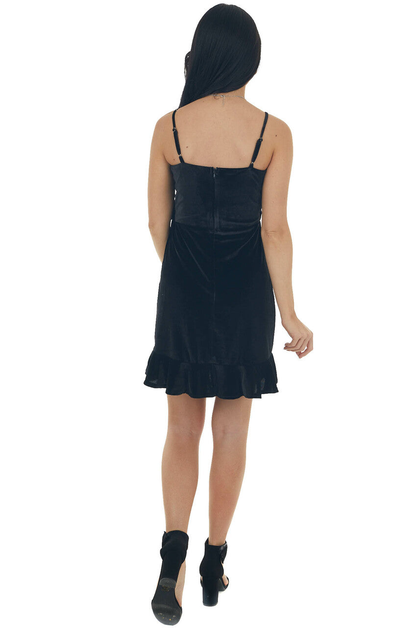 Black Surplice Wrap Tie Velvet Mini Dress