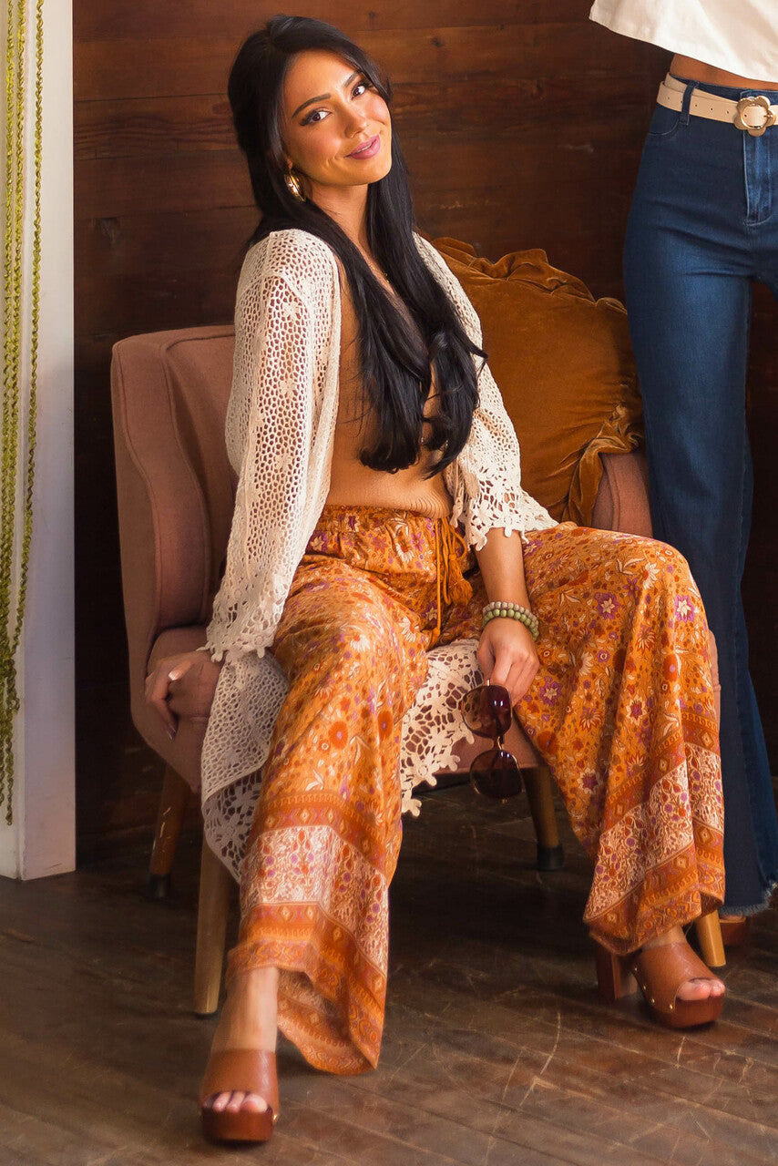 Tawny Floral Wide Leg Pants with Tassel Tie 